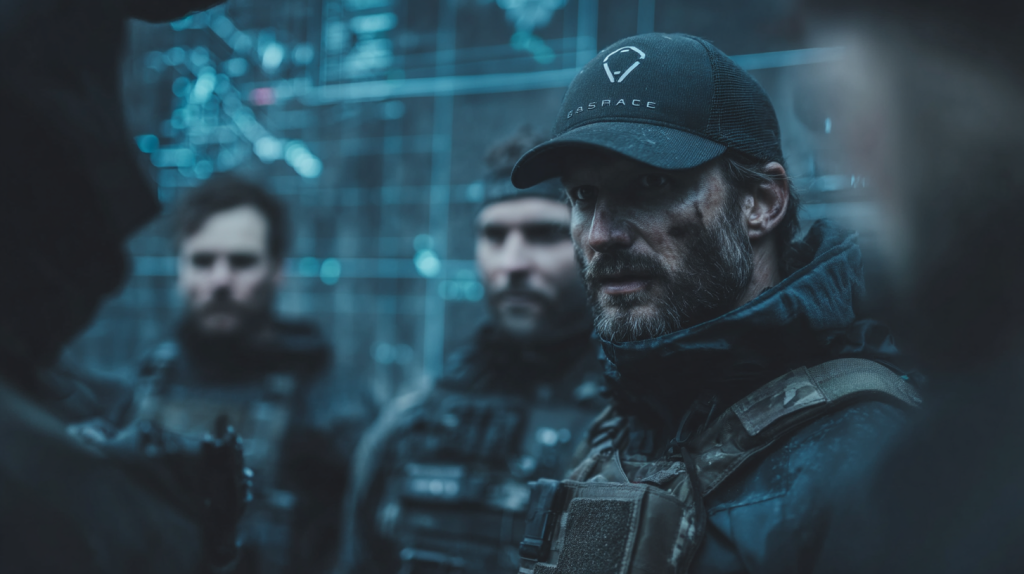 A close-up of a rugged soldier wearing a black cap and tactical gear, with a grim expression. In the background, other soldiers are visible, and a digital map is displayed on a screen, creating a tense military atmosphere.