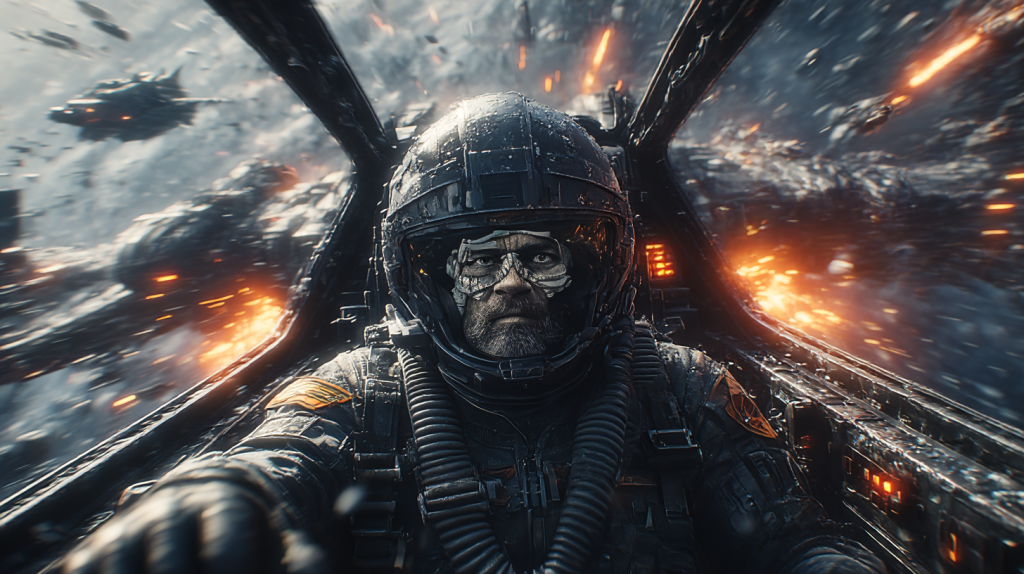 A close-up of a pilot inside a futuristic cockpit, wearing a helmet with a reflective visor, amidst a chaotic space battle with explosions and spacecraft in the background.