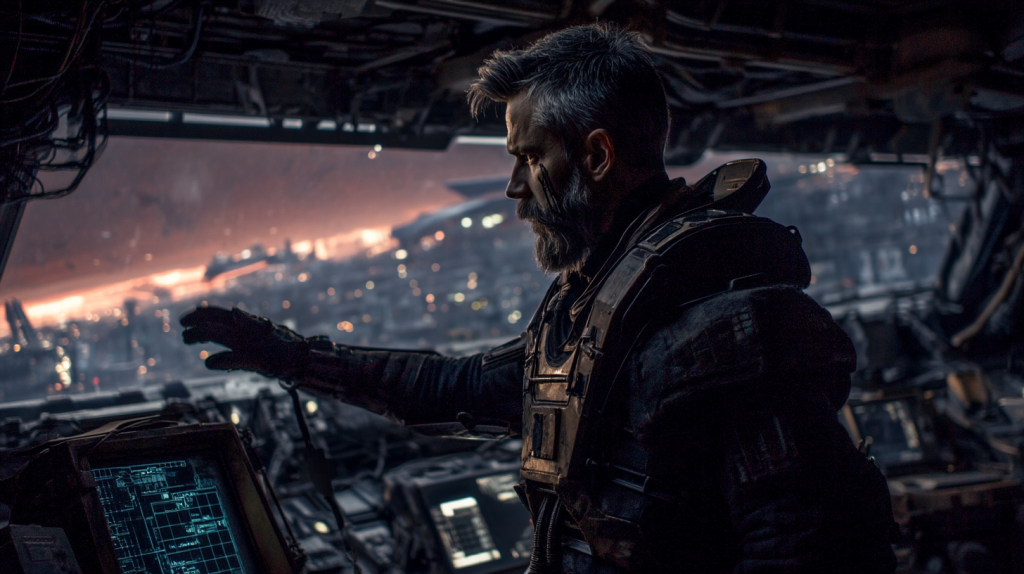 A rugged pilot with facial markings interacts with a control panel inside a futuristic spacecraft, gazing out at a cityscape during sunset.