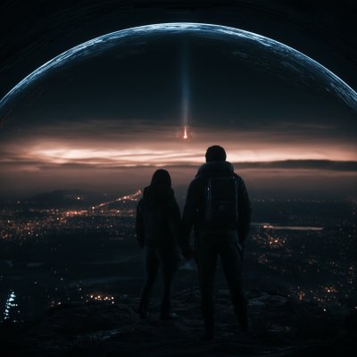 Cinematic view of two figures watching Comet Apophis impact Earth from Tähtitorninmäki hill (Generated with AI)