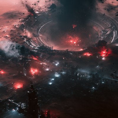 Destroyed Martian mining city with a massive crater from orbital bombardment (Generated with AI)