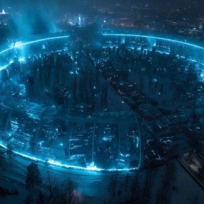 Neo Helsinki dome installation glowing with cybernetic blue energy in winter [AI-Generated Imagery]