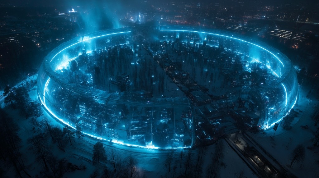 Neo Helsinki dome installation glowing with cybernetic blue energy in winter [AI-Generated Imagery]